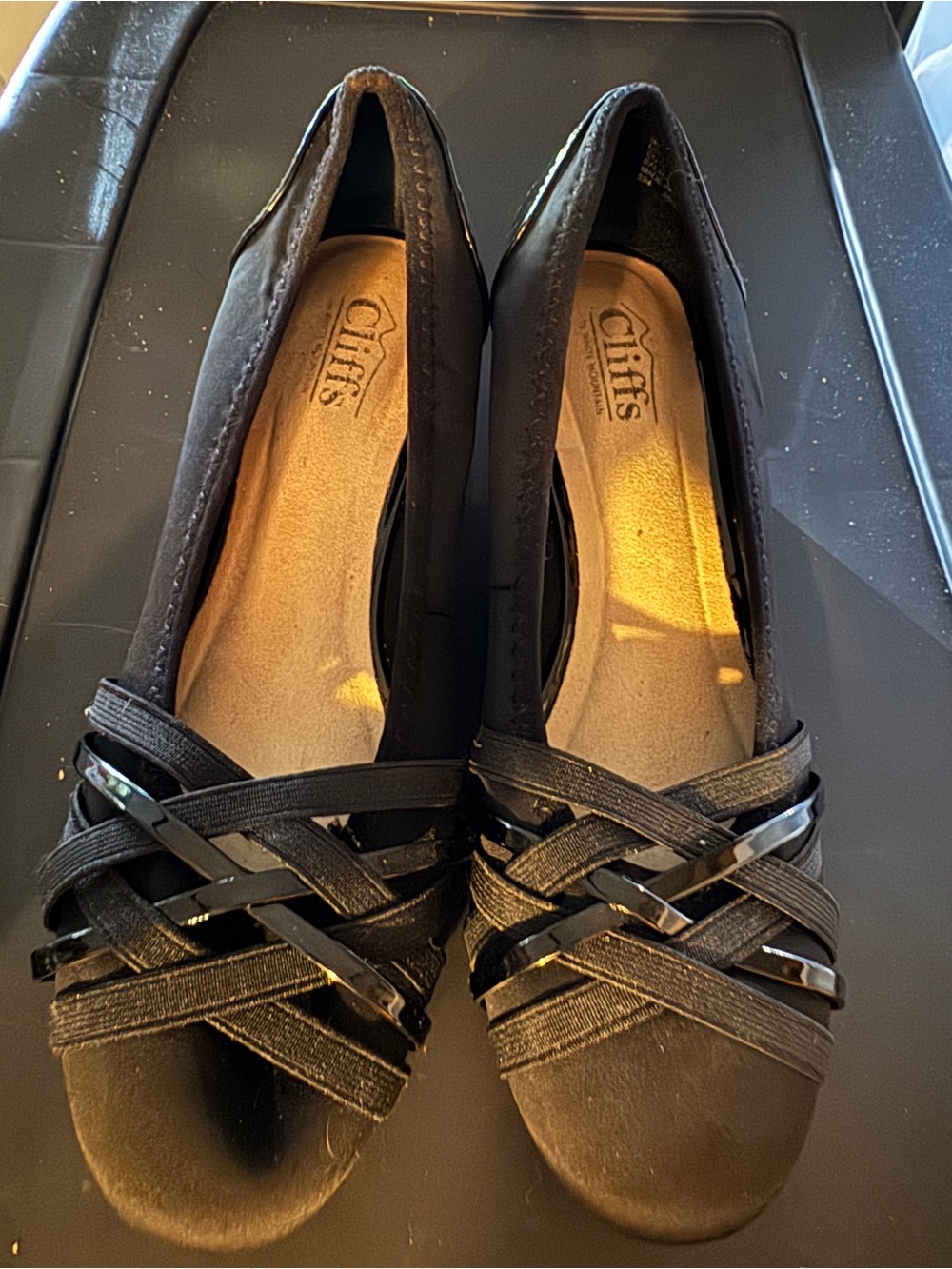 Cliffs by WHITE MOUNTAIN Black Patent & Fabric Cross-Strap Ballet Flats